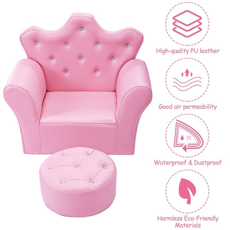 Costway Contemporary Polyurethane Kids Sofa with Ottoman in Pink