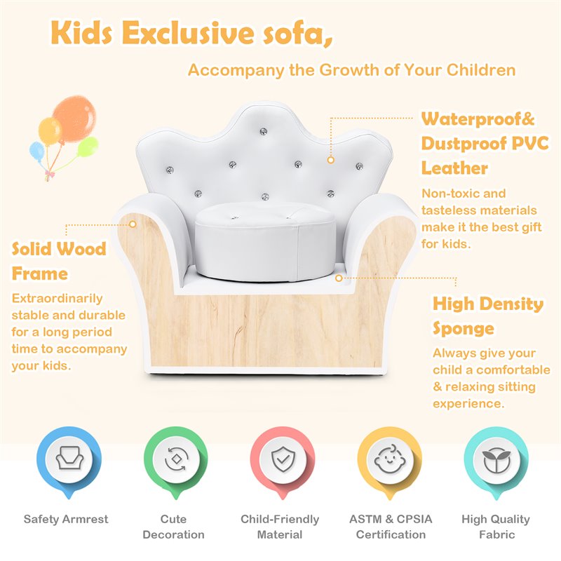 Costway Polyurethane and Wood Kids Princess Sofa with Ottoman in White