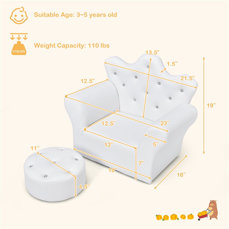 Costway Polyurethane and Wood Kids Princess Sofa with Ottoman in White