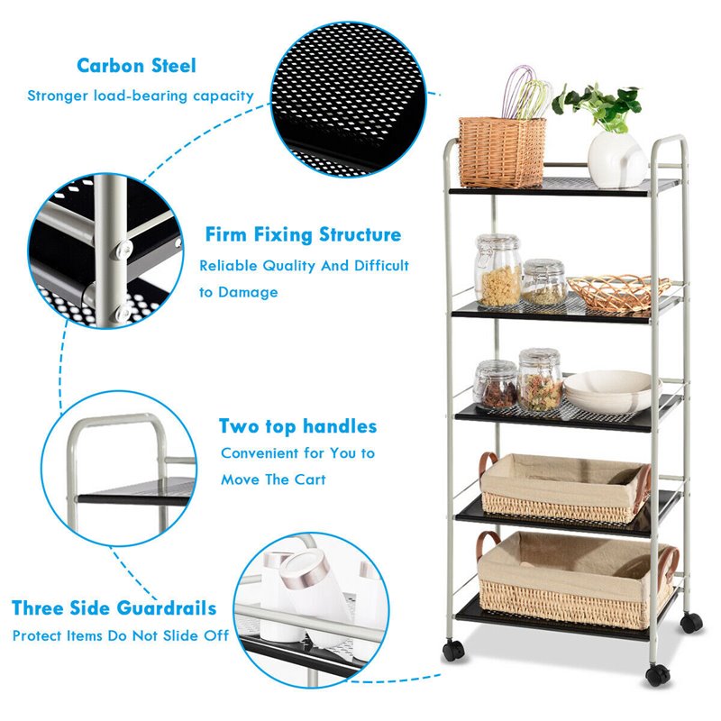 Costway 5-tier Steel Garage Kitchen Storage Cart Rack in White/Black
