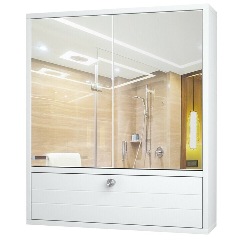 Costway Contemporary Wood Wall Mount Bathroom Cabinet with 2 Mirrors in White