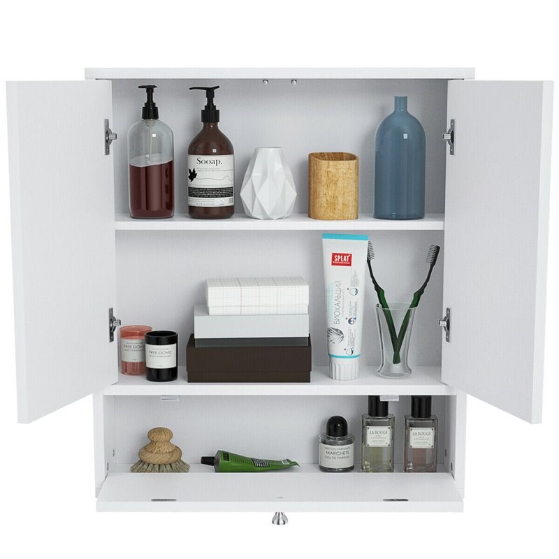 Costway Contemporary Wood Wall Mount Bathroom Cabinet with 2 Mirrors in White