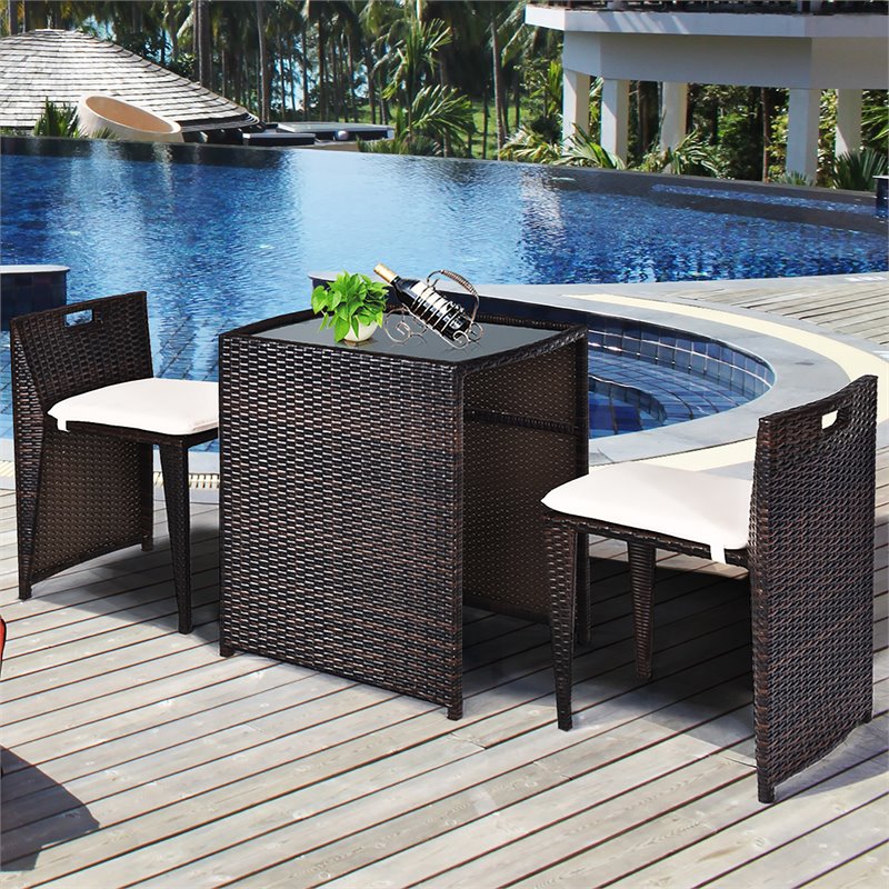 Costway 3-piece Contemporary Rattan and Steel Patio Bistro Set in Brown