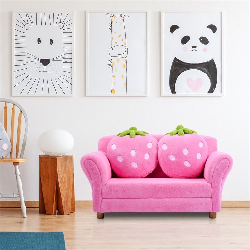 Costway Polyurethane Strawberry Kids Armrest Sofa with 2 Pillows in Pink