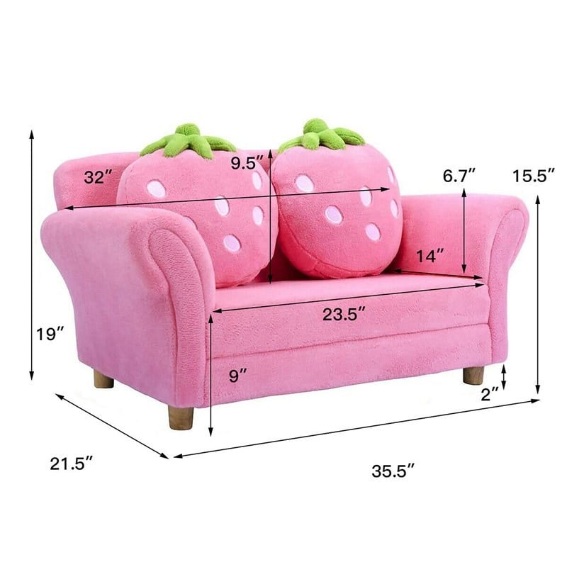 Costway Polyurethane Strawberry Kids Armrest Sofa with 2 Pillows in Pink