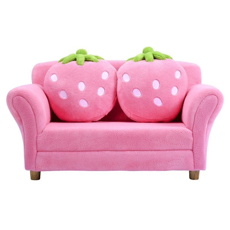 Costway Polyurethane Strawberry Kids Armrest Sofa with 2 Pillows in Pink