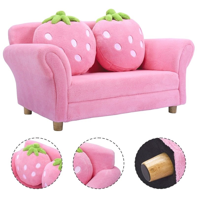 Costway Polyurethane Strawberry Kids Armrest Sofa with 2 Pillows in Pink