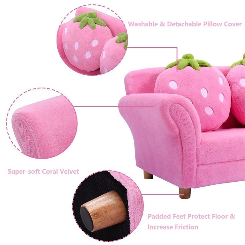 Costway Polyurethane Strawberry Kids Armrest Sofa with 2 Pillows in Pink