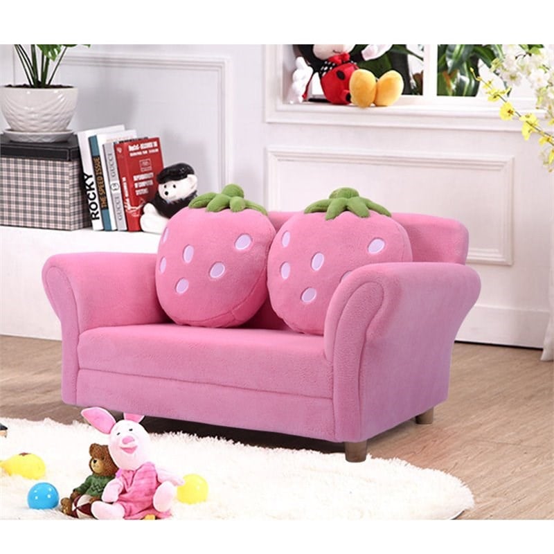 Costway Polyurethane Strawberry Kids Armrest Sofa with 2 Pillows in Pink