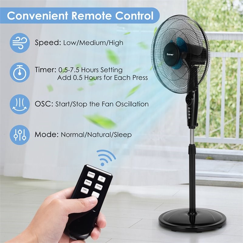Costway 16'' Plastic and Iron Adjustable Oscillating Pedestal Fan in Black