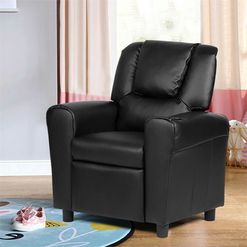Costway Polyurethane Kids Recliner with Cup Holder in Black Finish