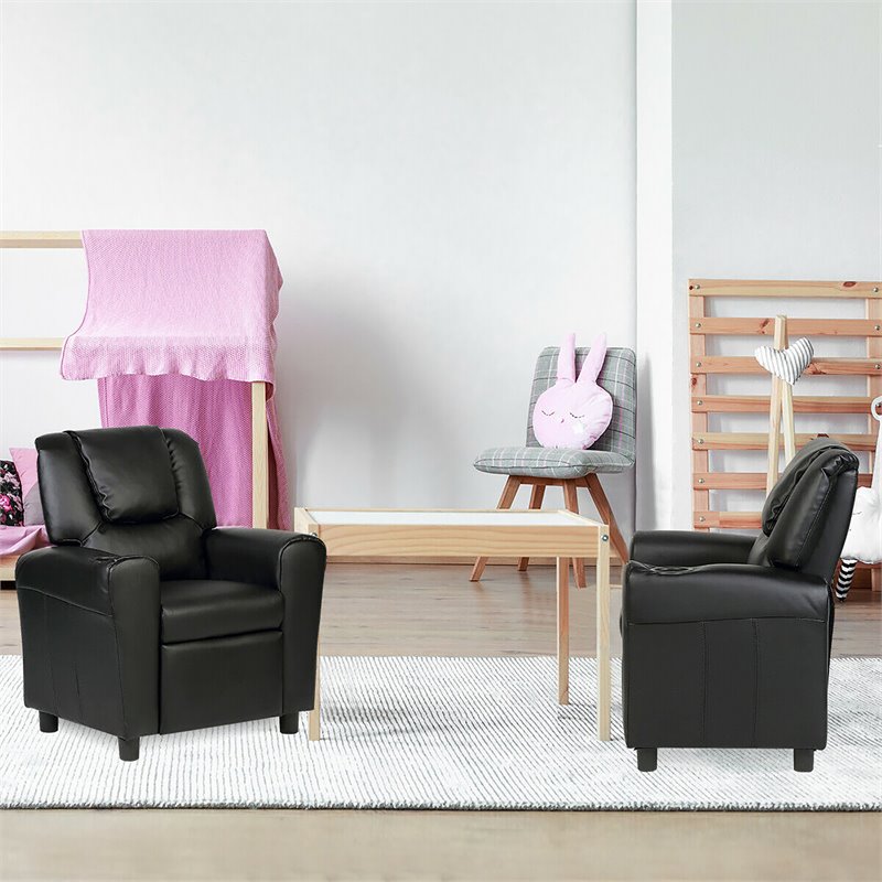 Costway Polyurethane Kids Recliner with Cup Holder in Black Finish