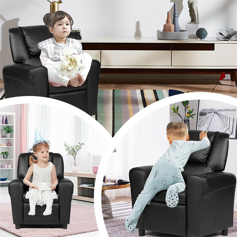 Costway Polyurethane Kids Recliner with Cup Holder in Black Finish