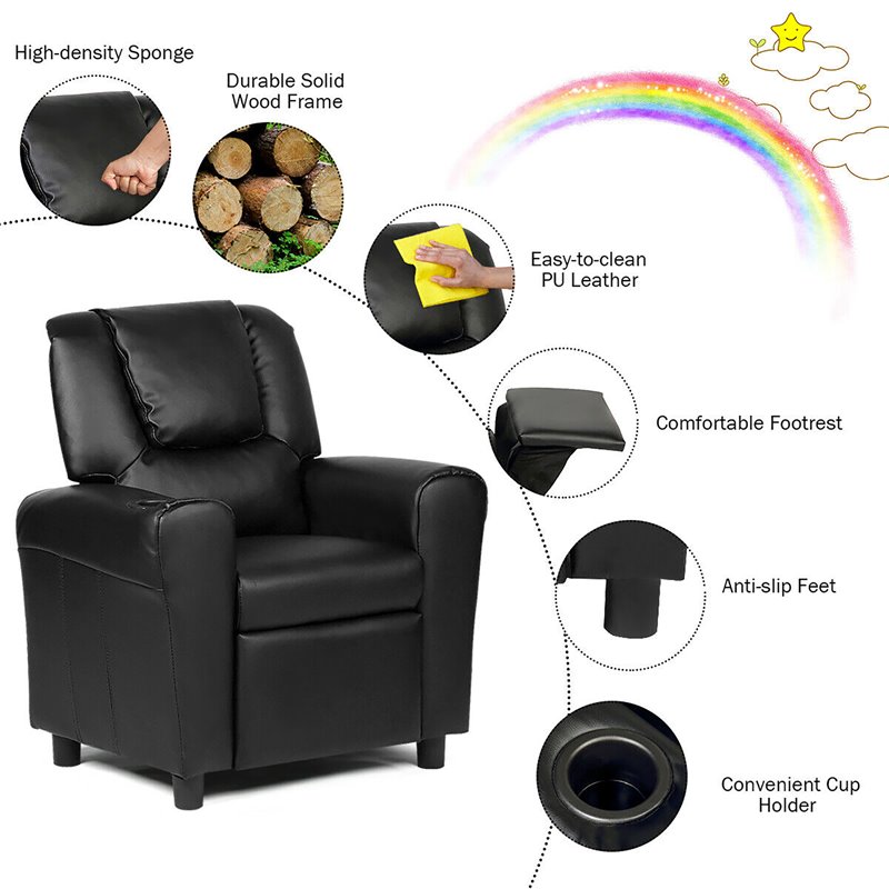 Costway Polyurethane Kids Recliner with Cup Holder in Black Finish