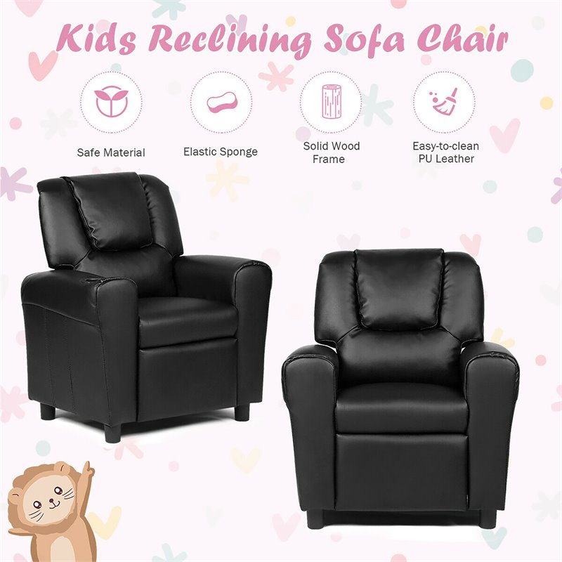 Costway Polyurethane Kids Recliner with Cup Holder in Black Finish