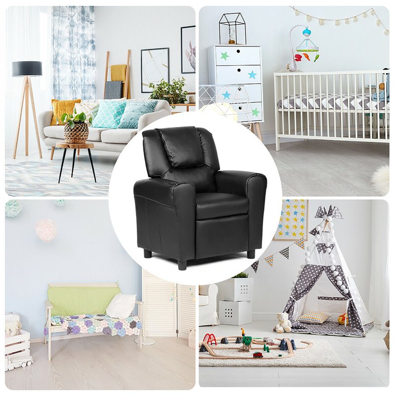 Costway Polyurethane Kids Recliner with Cup Holder in Black Finish