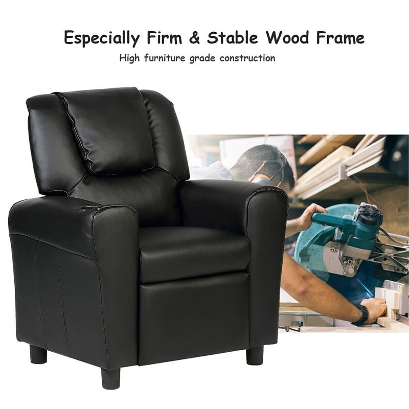 Costway Polyurethane Kids Recliner with Cup Holder in Black Finish