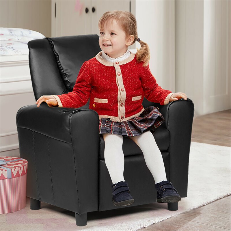 Costway Polyurethane Kids Recliner with Cup Holder in Black Finish