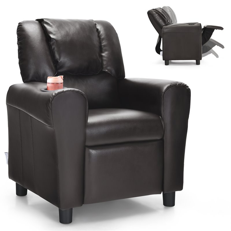Costway PU Leather Kids Recliner with Footrest Cup Holder in Brown
