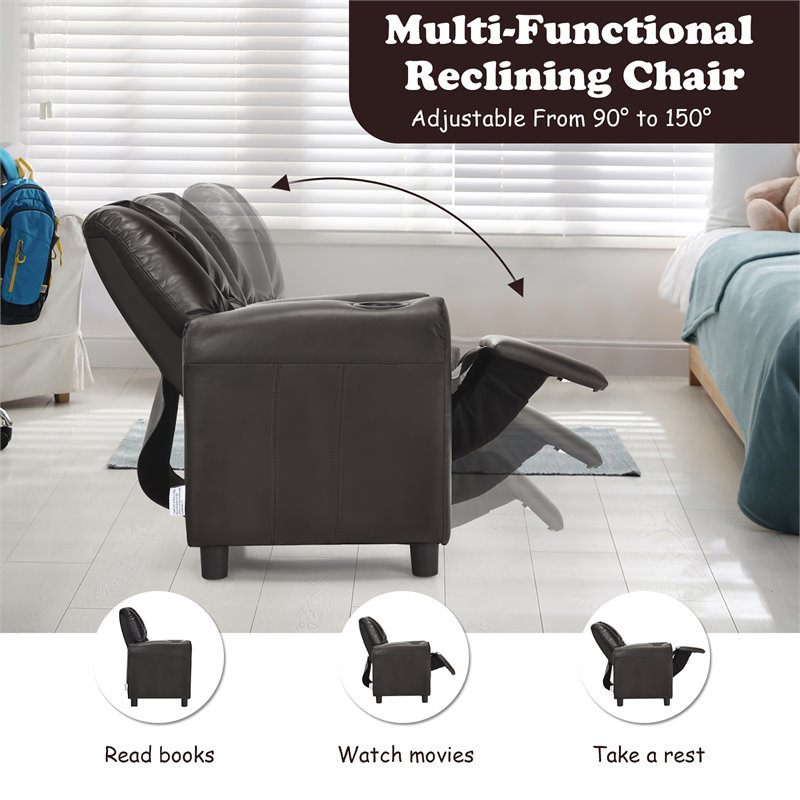 Costway PU Leather Kids Recliner with Footrest Cup Holder in Brown
