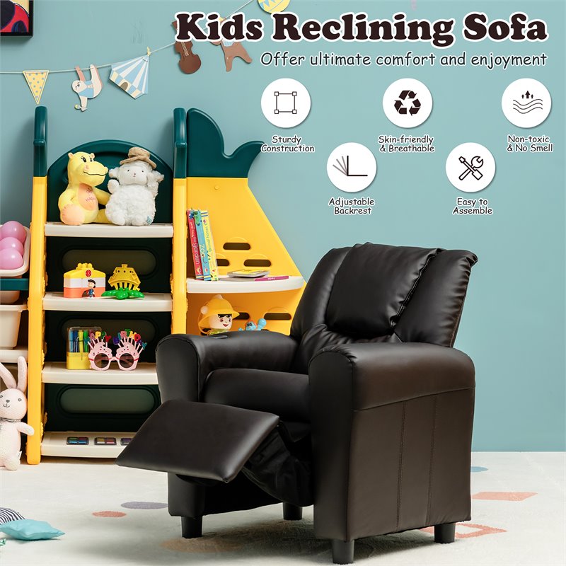 Costway PU Leather Kids Recliner with Footrest Cup Holder in Brown