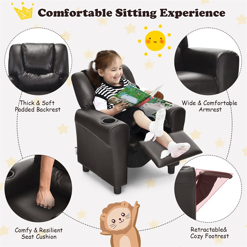 Costway PU Leather Kids Recliner with Footrest Cup Holder in Brown