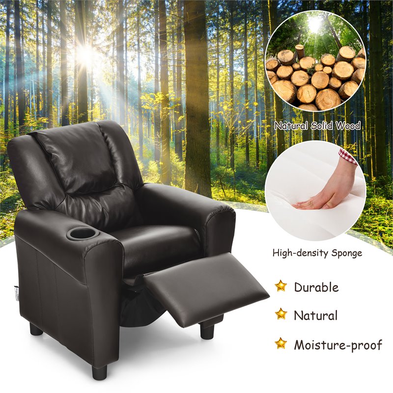 Costway PU Leather Kids Recliner with Footrest Cup Holder in Brown