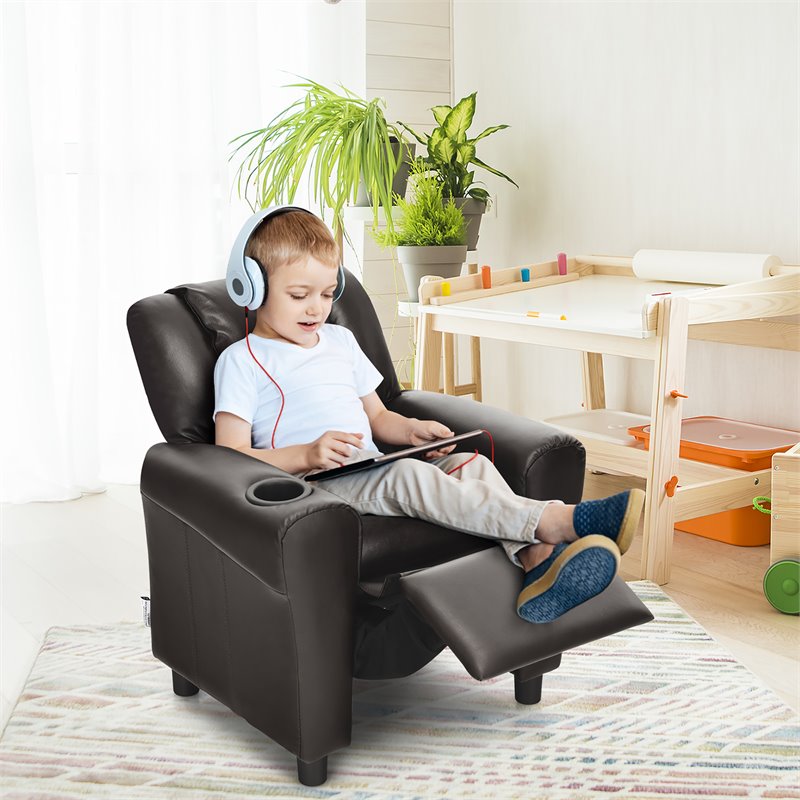 Costway PU Leather Kids Recliner with Footrest Cup Holder in Brown