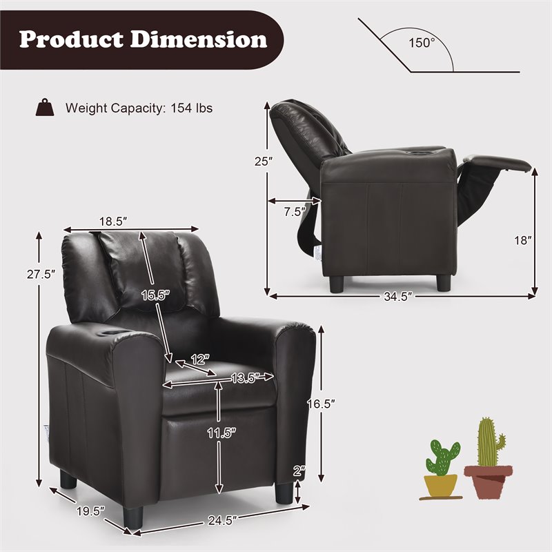 Costway PU Leather Kids Recliner with Footrest Cup Holder in Brown