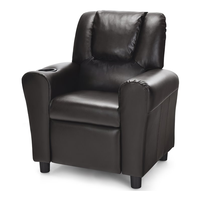 Costway PU Leather Kids Recliner with Footrest Cup Holder in Brown