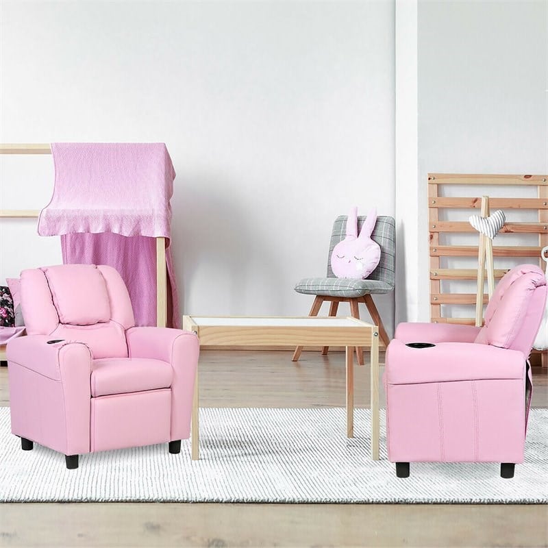 Costway Polyurethane Kids Recliner with Cup Holder in Pink Finish