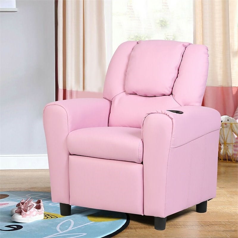 Costway Polyurethane Kids Recliner with Cup Holder in Pink Finish