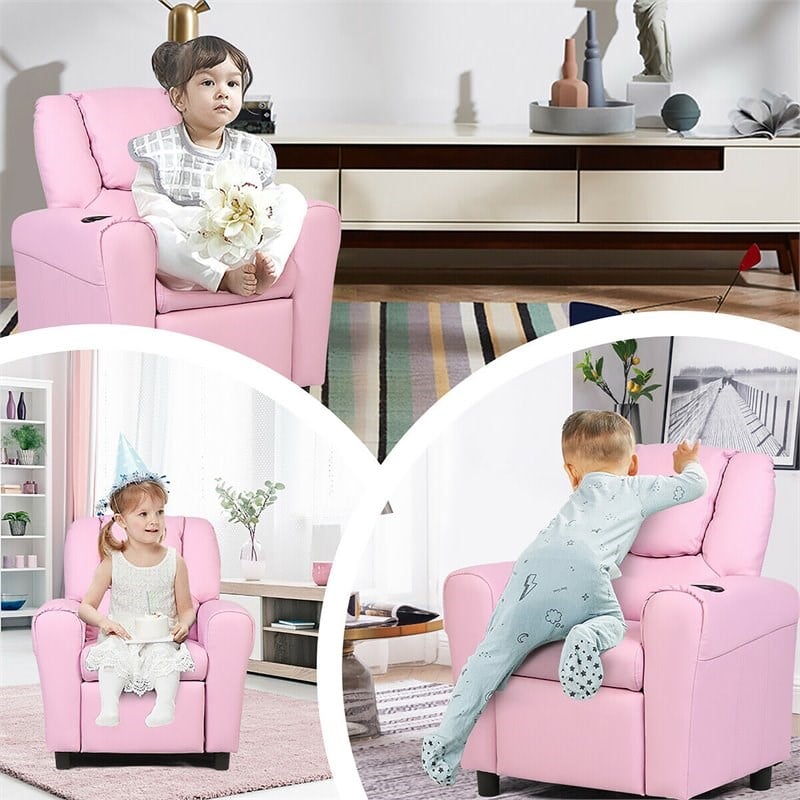 Costway Polyurethane Kids Recliner with Cup Holder in Pink Finish