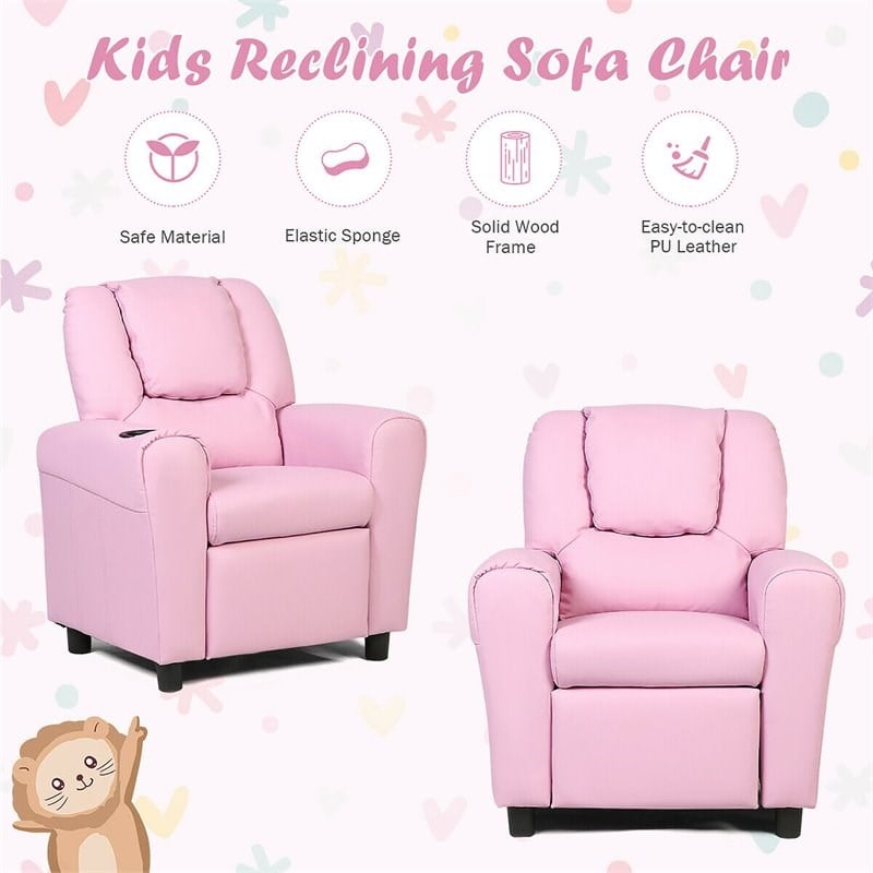 Costway Polyurethane Kids Recliner with Cup Holder in Pink Finish
