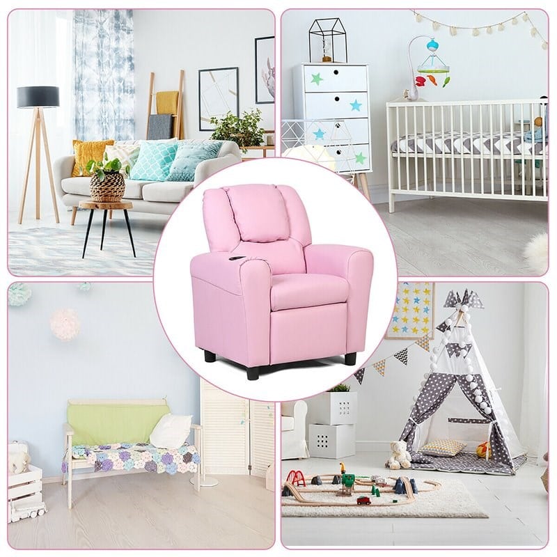 Costway Polyurethane Kids Recliner with Cup Holder in Pink Finish