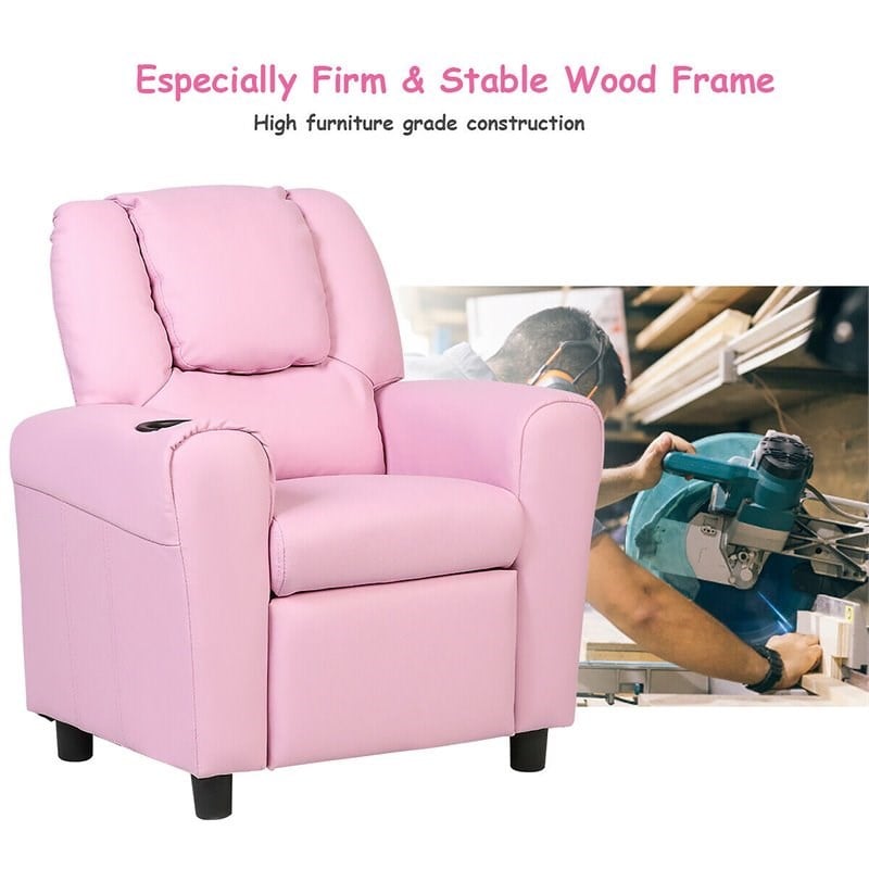 Costway Polyurethane Kids Recliner with Cup Holder in Pink Finish