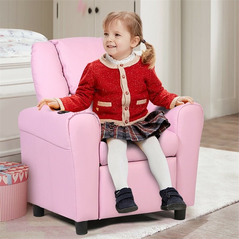 Costway Polyurethane Kids Recliner with Cup Holder in Pink Finish