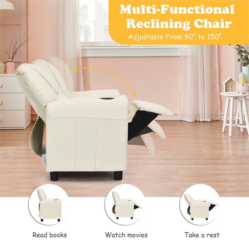 Costway PU Leather Kids Recliner with Footrest Cup Holder in Beige
