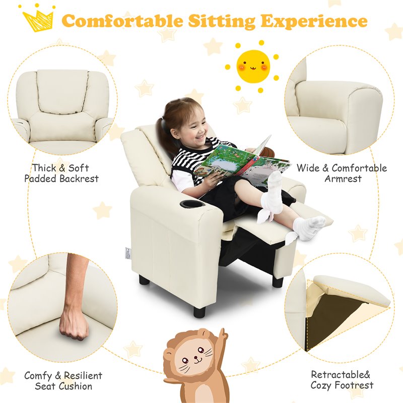 Costway PU Leather Kids Recliner with Footrest Cup Holder in Beige