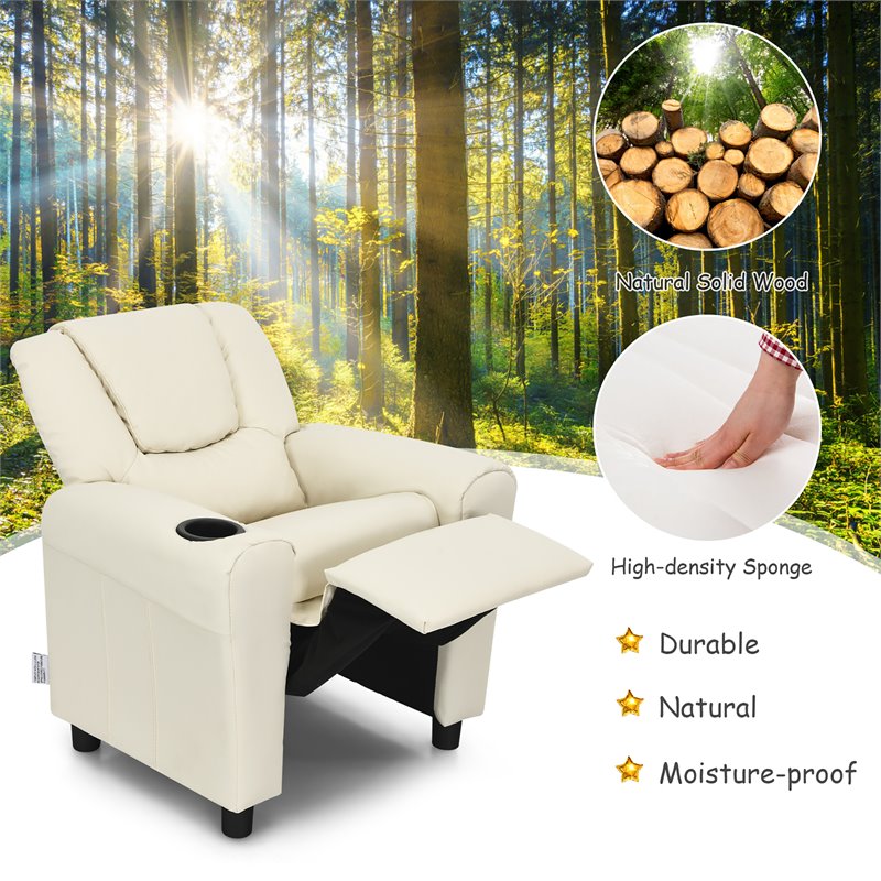 Costway PU Leather Kids Recliner with Footrest Cup Holder in Beige