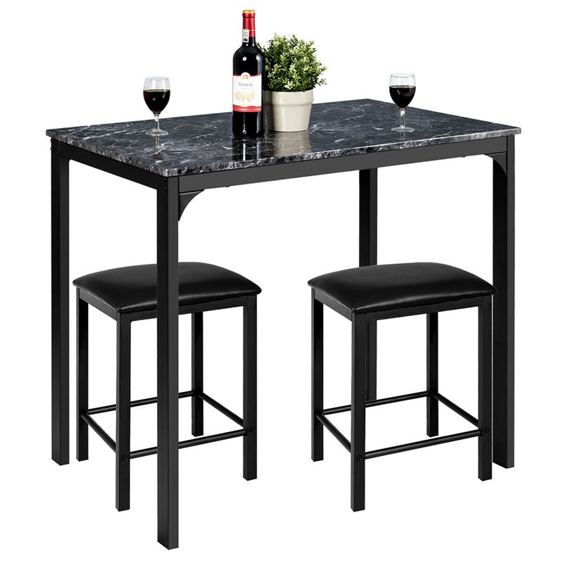 Costway 3-piece MDF and PU Leather Dining Set with Table and 2 Stools in Black