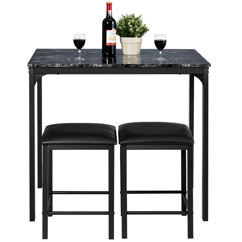 Costway 3-piece MDF and PU Leather Dining Set with Table and 2 Stools in Black