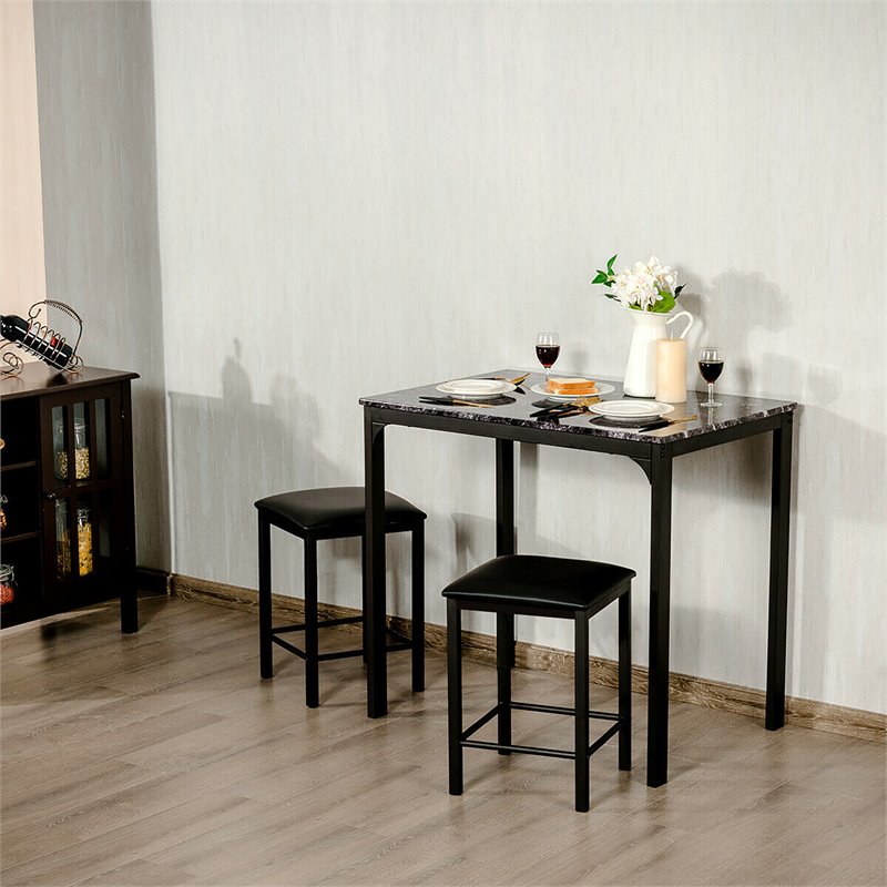 Costway 3-piece MDF and PU Leather Dining Set with Table and 2 Stools in Black