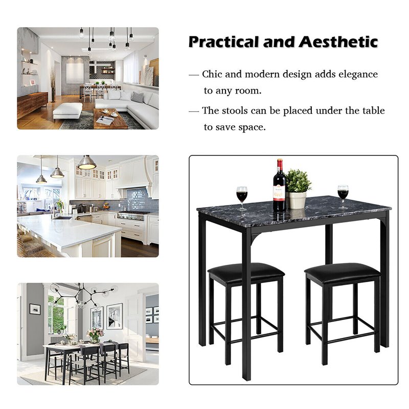 Costway 3-piece MDF and PU Leather Dining Set with Table and 2 Stools in Black