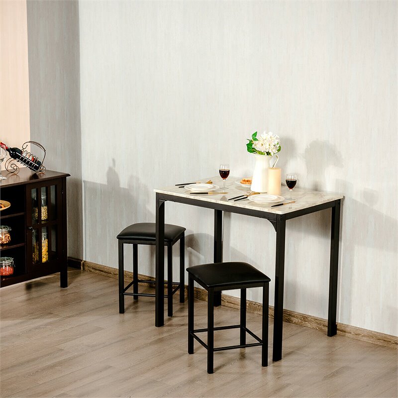 Costway 3-piece MDF and PU Leather Dining Set with Table and 2 Stools in White