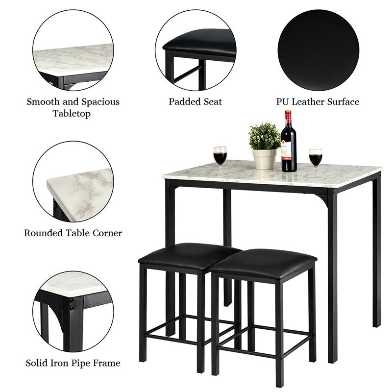 Costway 3-piece MDF and PU Leather Dining Set with Table and 2 Stools in White