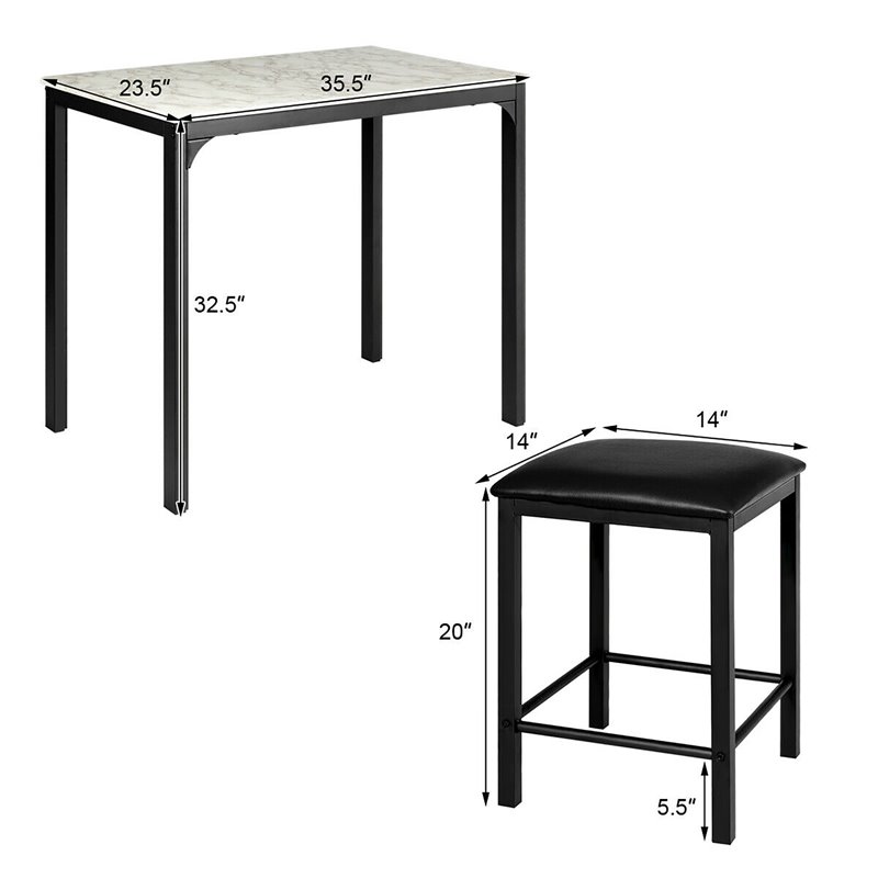 Costway 3-piece MDF and PU Leather Dining Set with Table and 2 Stools in White