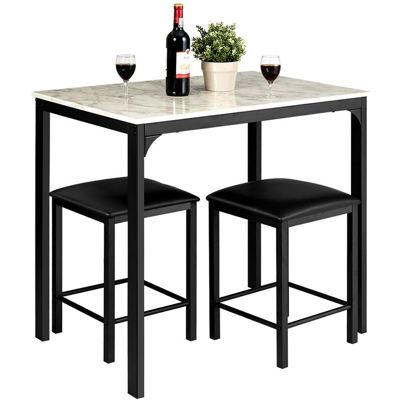 Costway 3-piece MDF and PU Leather Dining Set with Table and 2 Stools in White