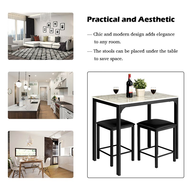 Costway 3-piece MDF and PU Leather Dining Set with Table and 2 Stools in White