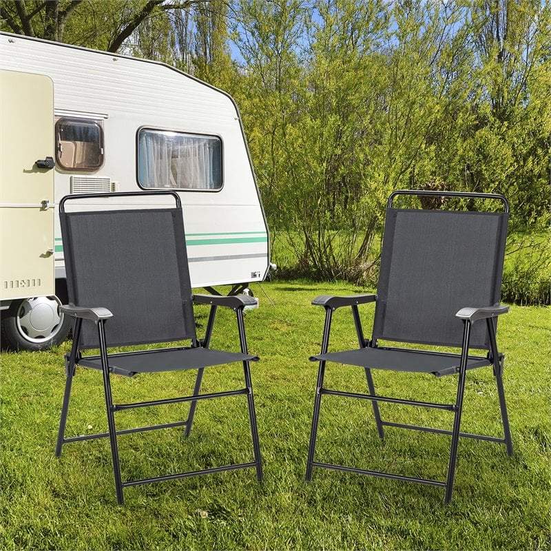 Costway Iron and Fabric Patio Folding Chair with Armrest in Gray (Set of 4)